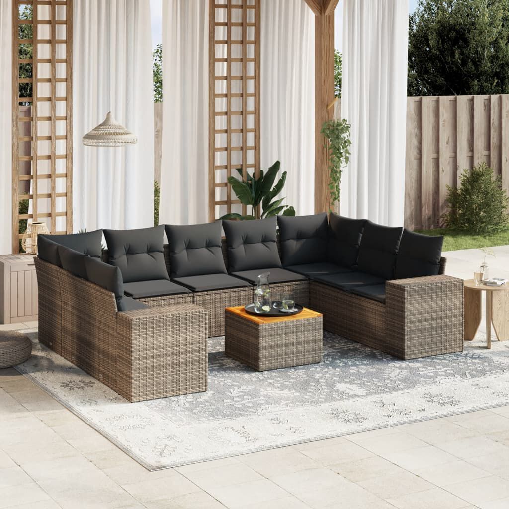 vidaXL 10 Piece Garden Sofa Set with Cushions Grey Poly Rattan