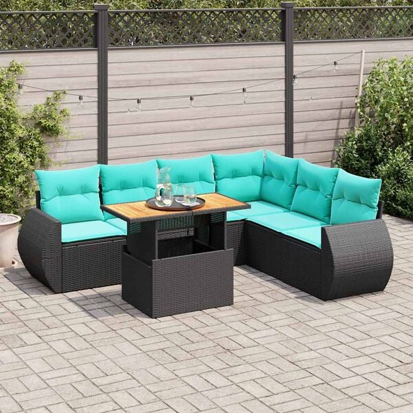 vidaXL 7 Piece Garden Sofa Set with Cushions Black Poly Rattan