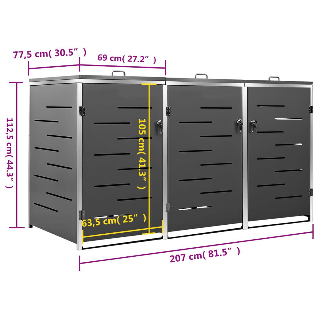 vidaXL Triple Wheelie Bin Shed 207x77.5x112.5 cm Stainless Steel