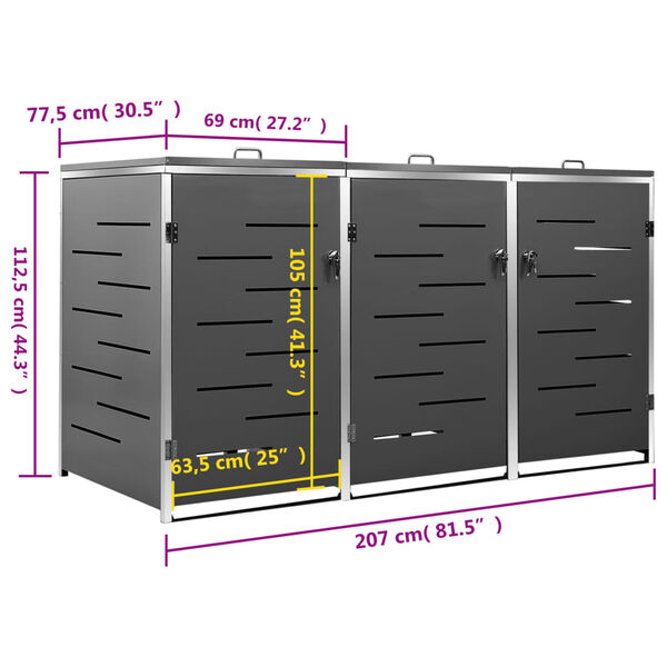 vidaXL Triple Wheelie Bin Shed 207x77.5x112.5 cm Stainless Steel