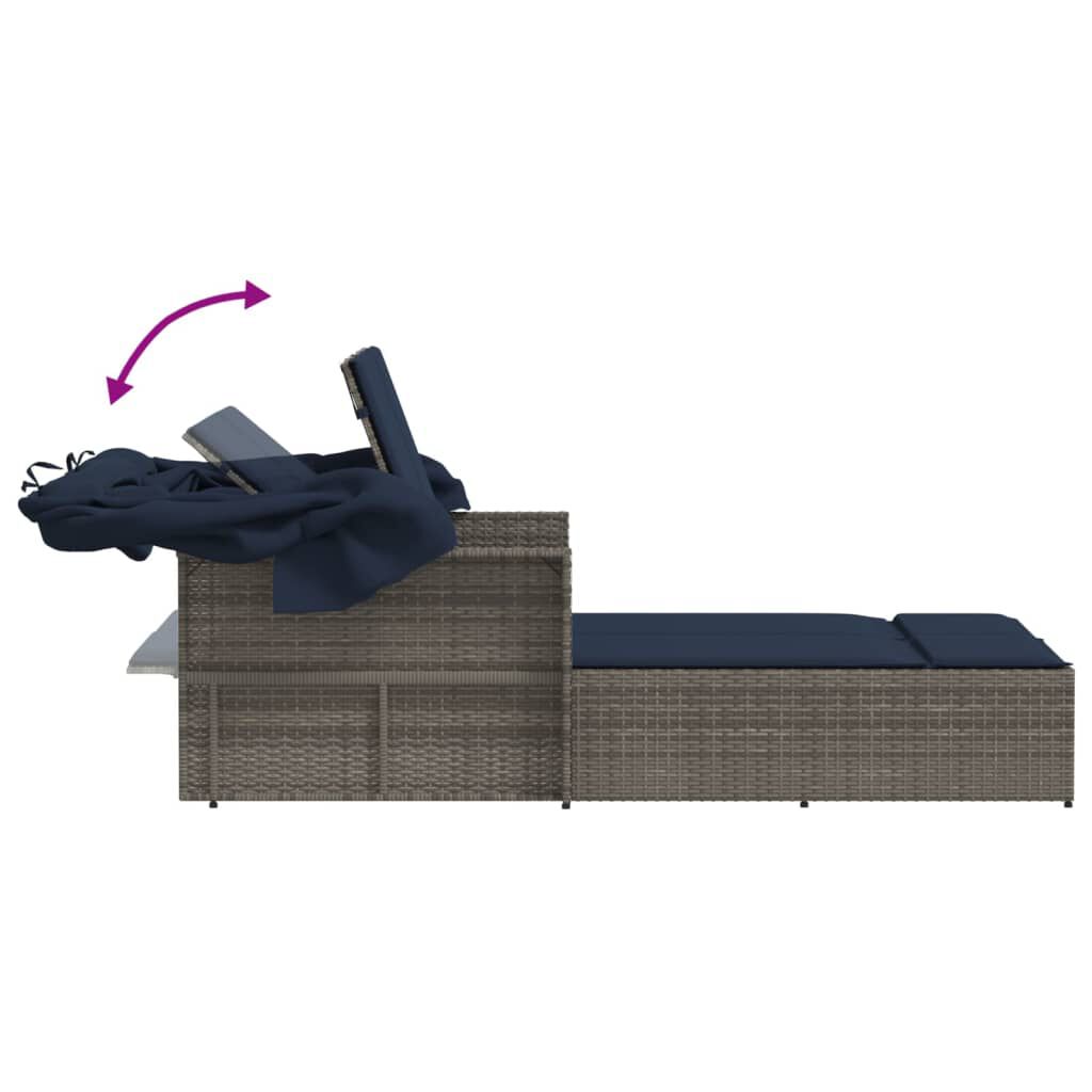 vidaXL Double Sun Lounger with Canopy and Cushions Grey Poly Rattan