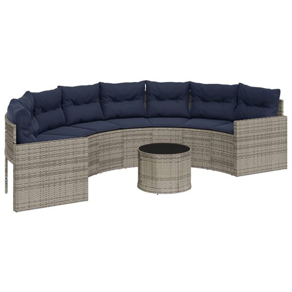 vidaXL Garden Sofa with Table and Cushions Half-Round Grey Poly Rattan