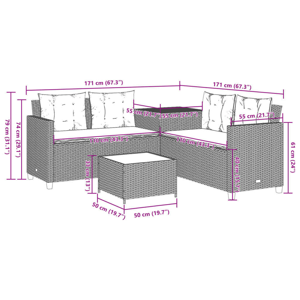 vidaXL Garden Sofa with Table and Cushions L-Shaped Black Poly Rattan