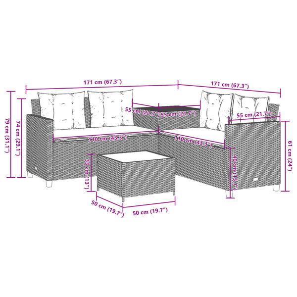 vidaXL Garden Sofa with Table and Cushions L-Shaped Black Poly Rattan
