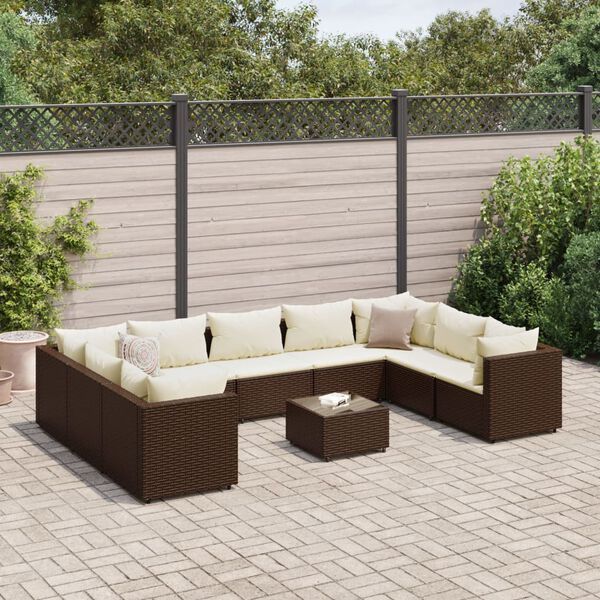 vidaXL 10 Piece Garden Lounge Set with Cushions Brown Poly Rattan