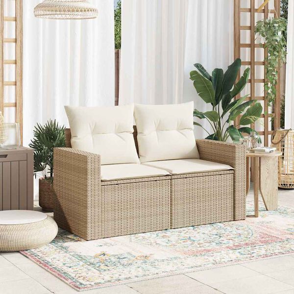 vidaXL Garden Sofa with Cushions 2-Seater Beige Poly Rattan