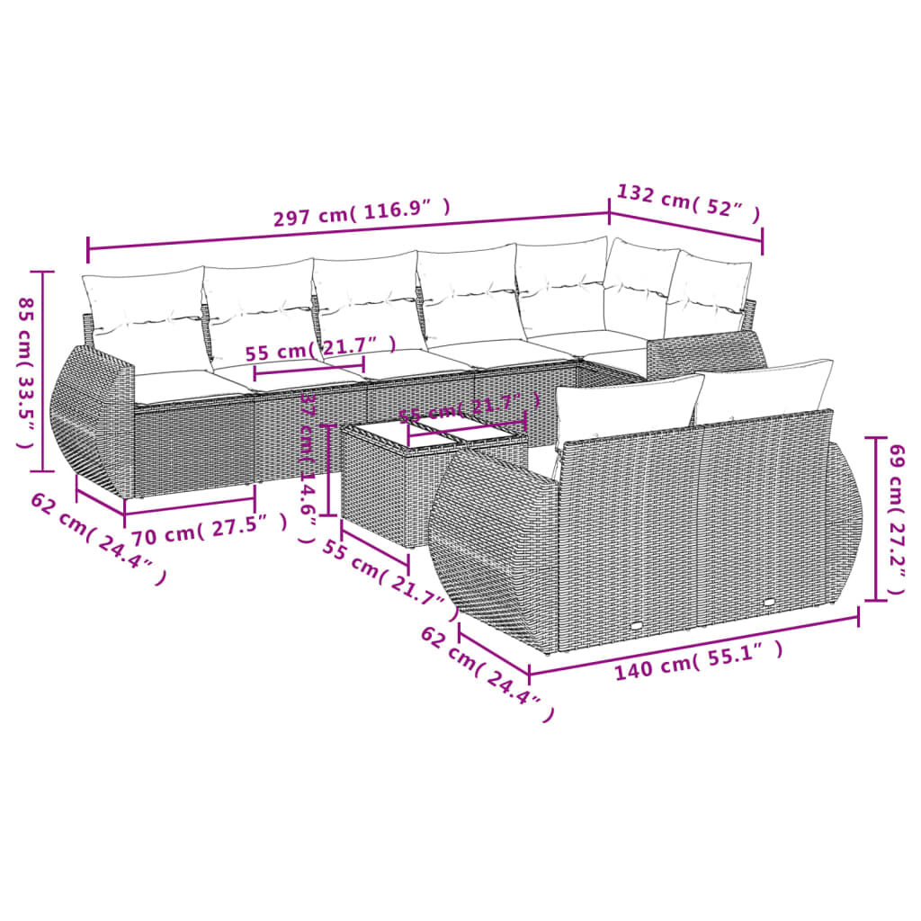 vidaXL 9 Piece Garden Sofa Set with Cushions Black Poly Rattan