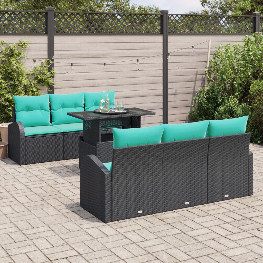 vidaXL 7 Piece Garden Sofa Set with Cushions Black Poly Rattan