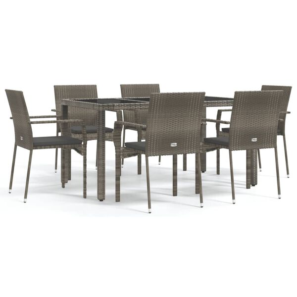 vidaXL 7 Piece Garden Dining Set with Cushions Grey Poly Rattan