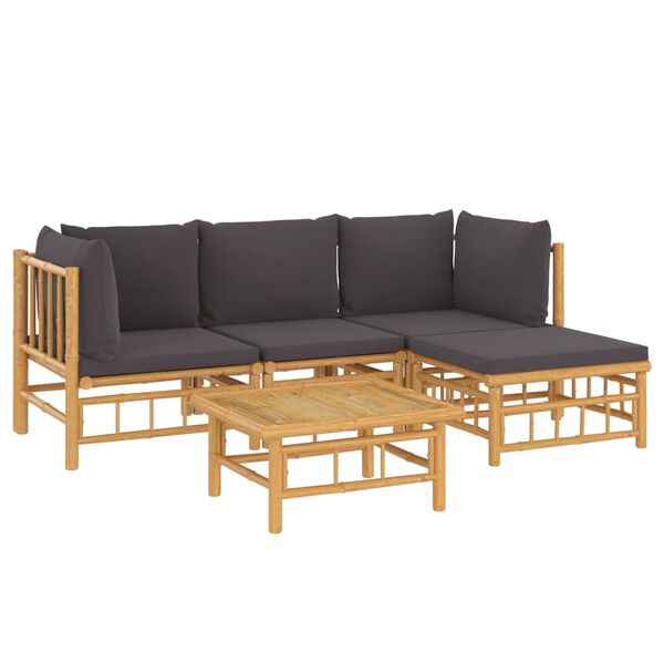 vidaXL 5 Piece Garden Lounge Set with Dark Grey Cushions Bamboo