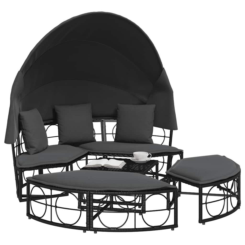 vidaXL Outdoor Lounge Bed with Canopy and Cushions Black Poly Rattan