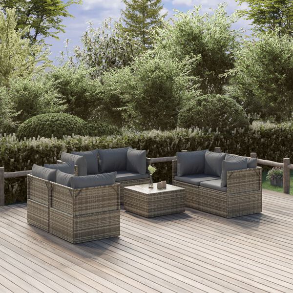 vidaXL 7 Piece Garden Lounge Set with Cushions Grey Poly Rattan