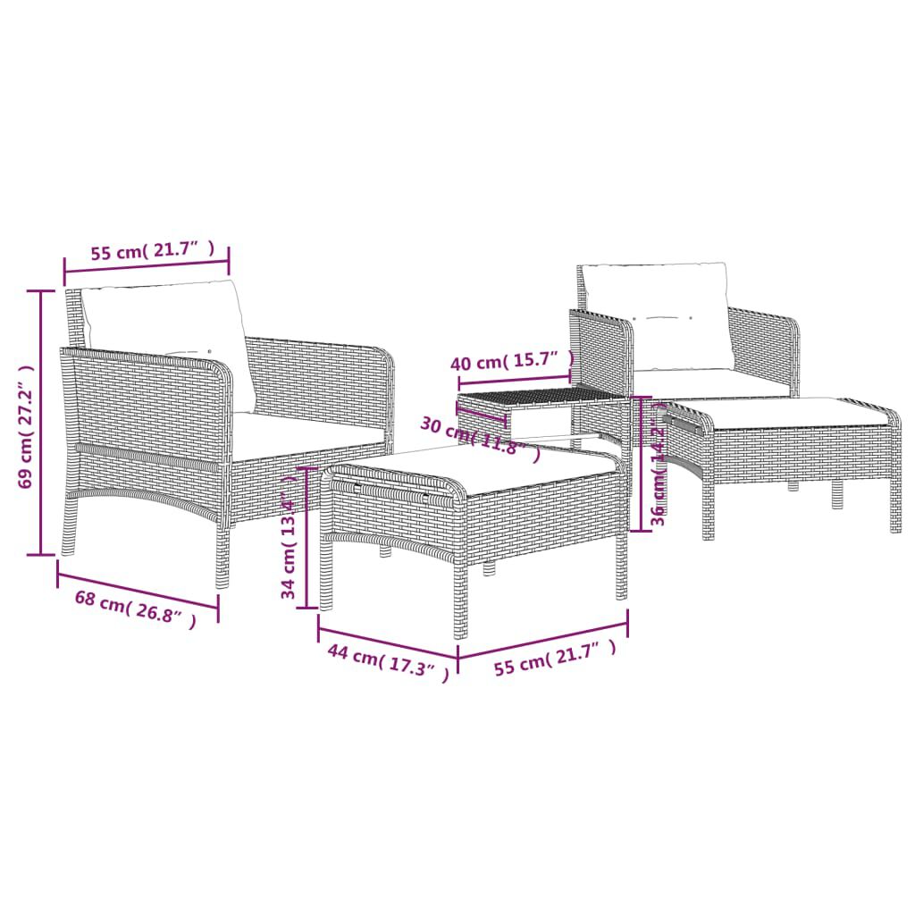 vidaXL 5 Piece Garden Lounge Set with Cushions Brown Poly Rattan