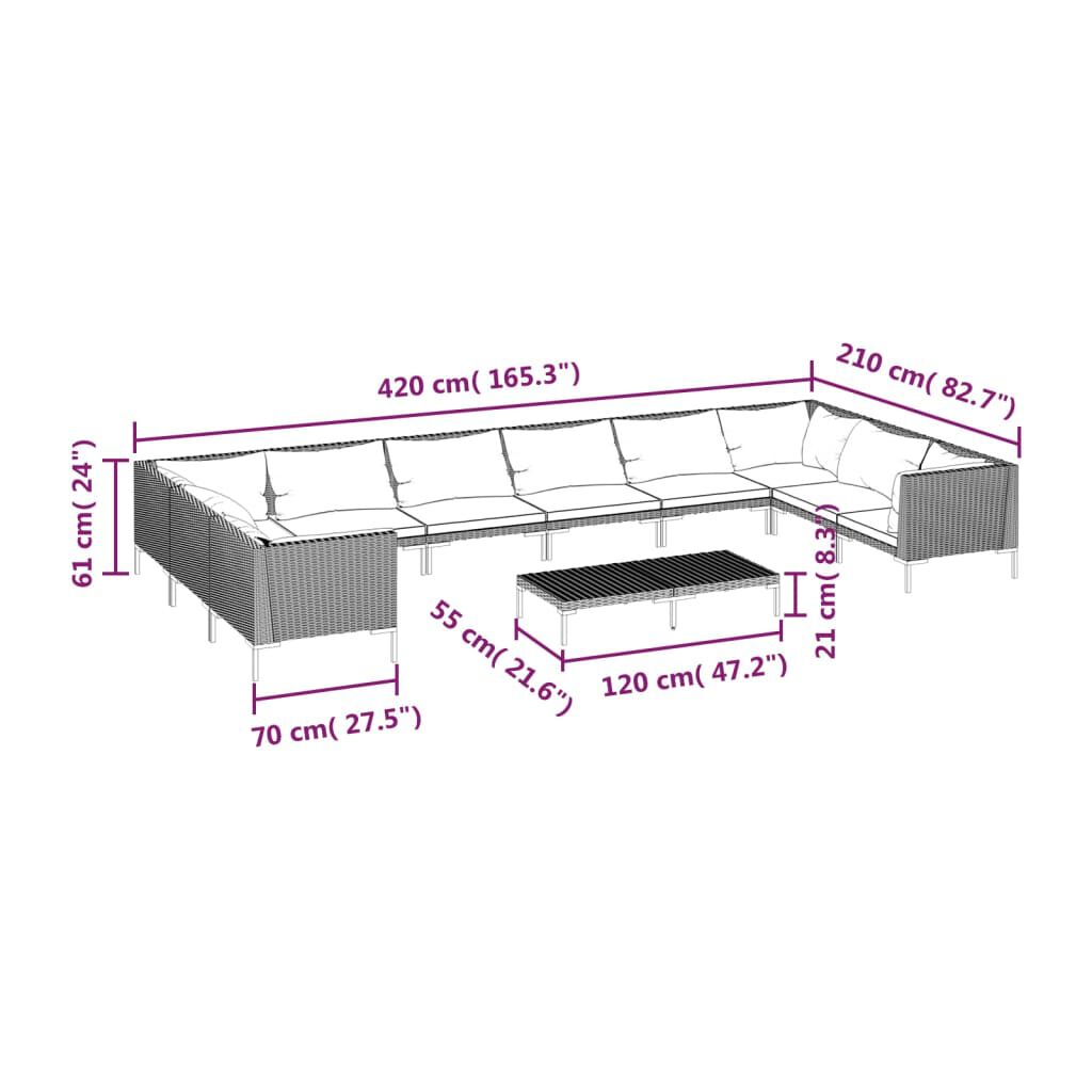 vidaXL 11 Piece Garden Lounge Set with Cushions Poly Rattan Dark Grey