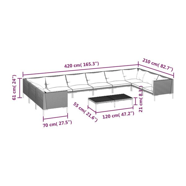 vidaXL 11 Piece Garden Lounge Set with Cushions Poly Rattan Dark Grey