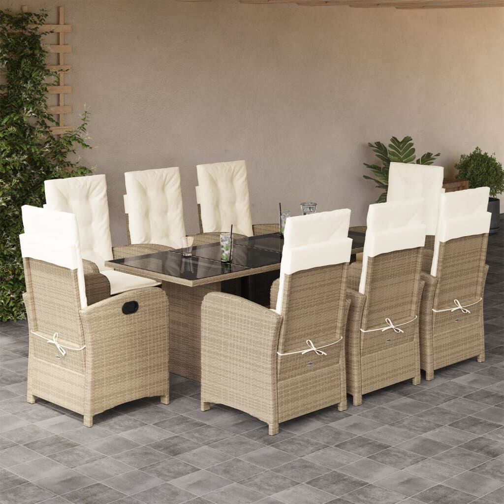 vidaXL 9 Piece Garden Dining Set with Cushions Beige Poly Rattan