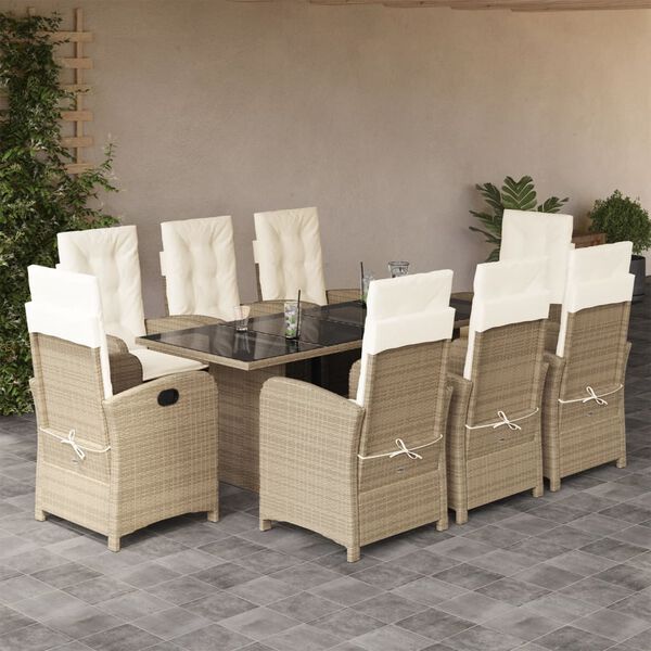 vidaXL 9 Piece Garden Dining Set with Cushions Beige Poly Rattan