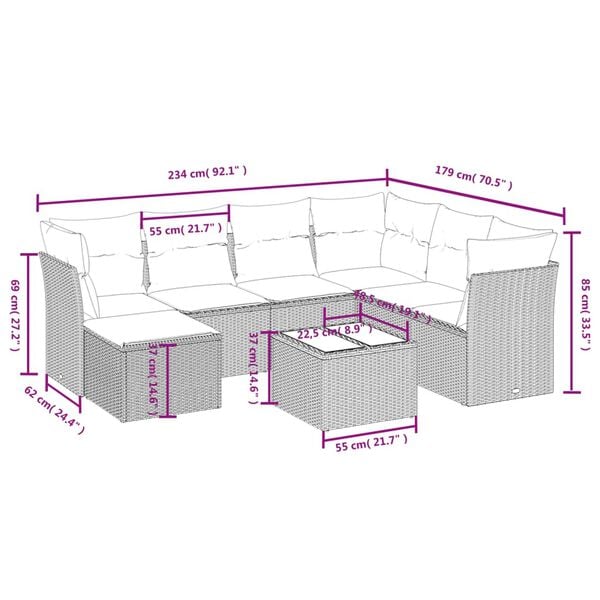 vidaXL 8 Piece Garden Sofa Set with Cushions Grey Poly Rattan