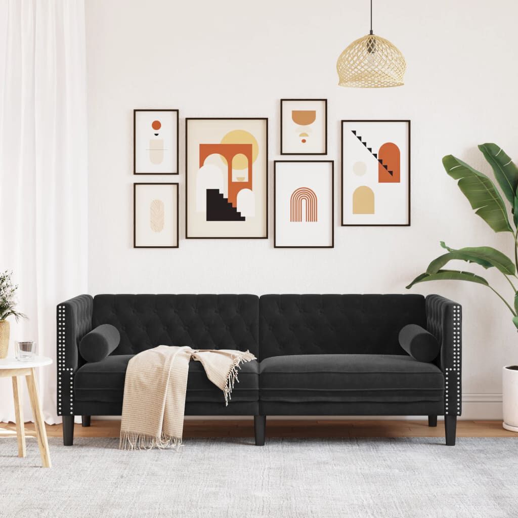 vidaXL Chesterfield Sofa with Bolsters 3-Seater Black Velvet