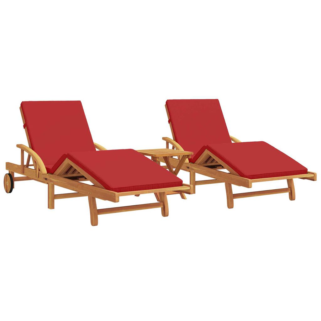 vidaXL Sun Loungers 2 pcs with Cushions and Table Red Solid Wood Acacia