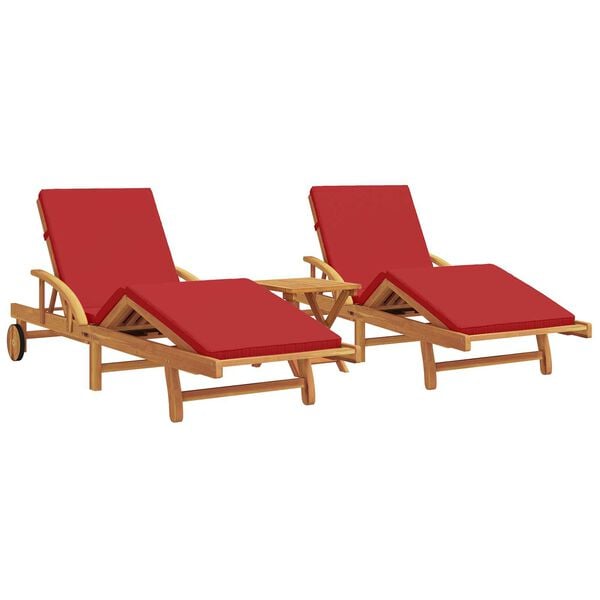 vidaXL Sun Loungers 2 pcs with Cushions and Table Red Solid Wood Acacia