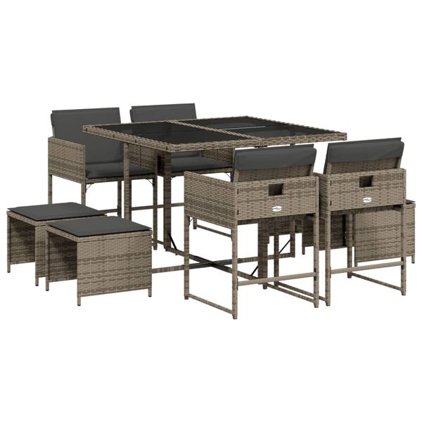 vidaXL 9 Piece Garden Dining Set with Cushions Grey Poly Rattan