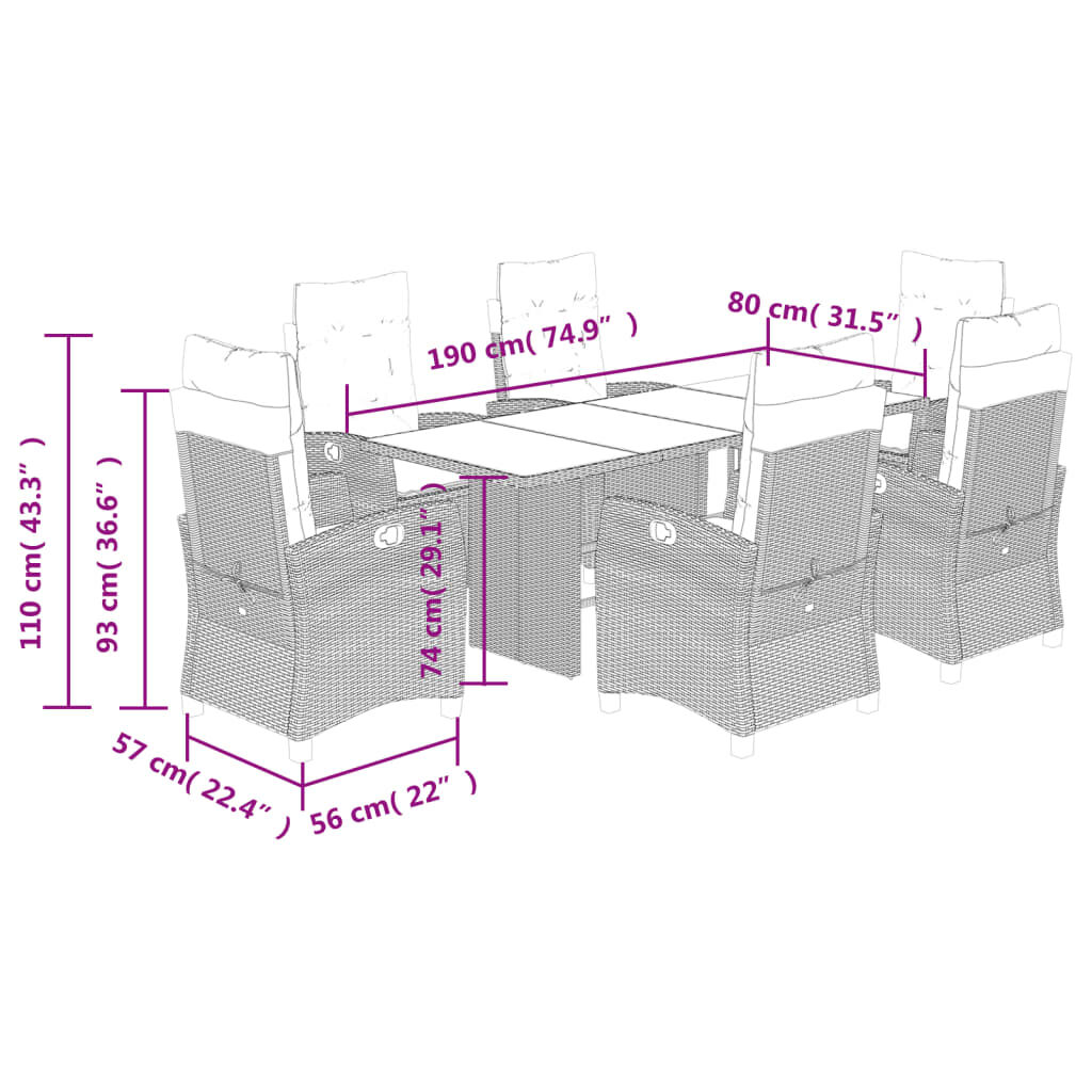 vidaXL 7 Piece Garden Dining Set with Cushions Brown Poly Rattan