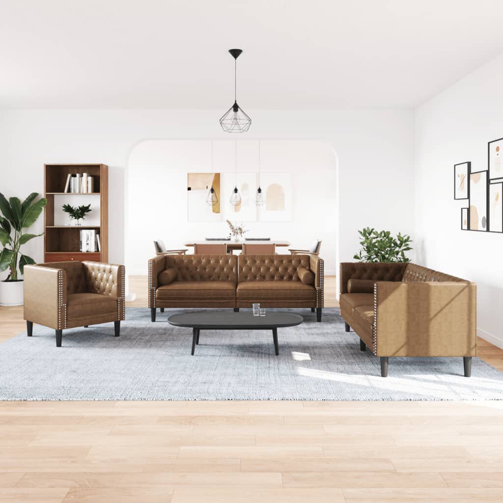 vidaXL 3 Piece Chesterfield Sofa Set with Bolsters Brown Faux Suede Leather