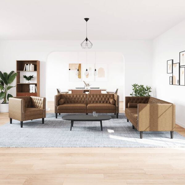 vidaXL 3 Piece Chesterfield Sofa Set with Bolsters Brown Faux Suede Leather
