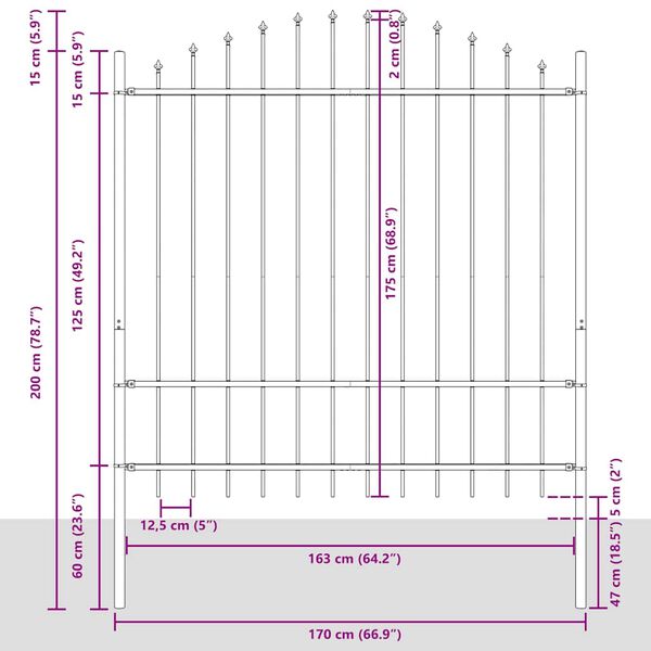 vidaXL Garden Fence with Spear Top Steel 170x175 cm Black