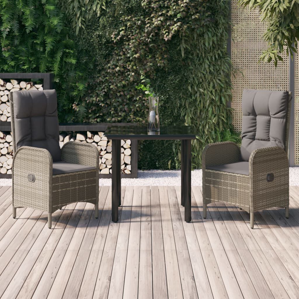 vidaXL 3 Piece Garden Dining Set with Cushions Black and Grey Poly Rattan