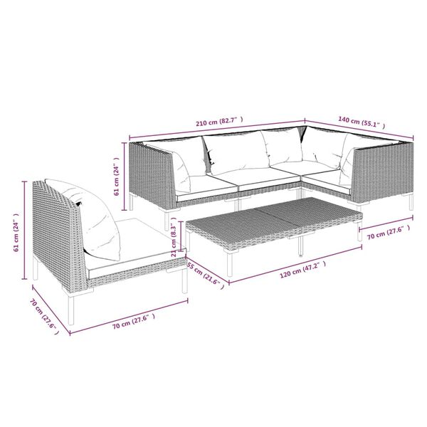 vidaXL 6 Piece Garden Lounge Set with Cushions Poly Rattan Dark Grey
