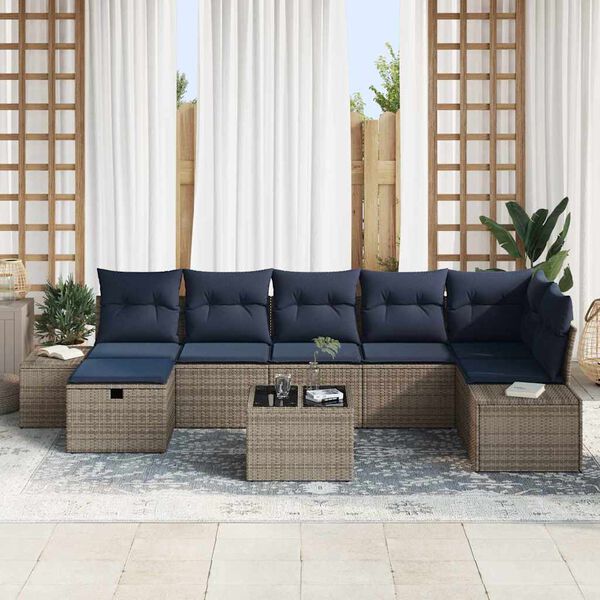 vidaXL Garden Sofa Set with Cushion 8 pcs Grey Poly Rattan