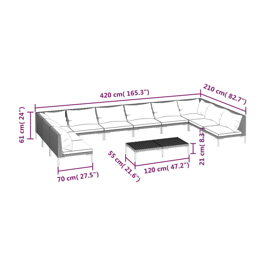 vidaXL 11 Piece Garden Lounge Set with Cushions Poly Rattan Dark Grey