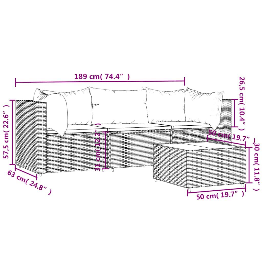 vidaXL 4 Piece Garden Lounge Set with Cushions Grey Poly Rattan