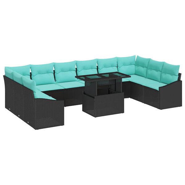 vidaXL Sofa Set with Cushion Manual 11 pcs Black and Blue Poly Rattan