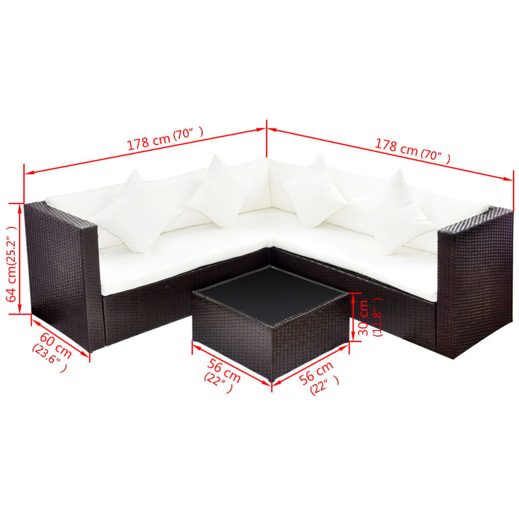 vidaXL 4 Piece Garden Lounge Set with Cushions Poly Rattan Brown