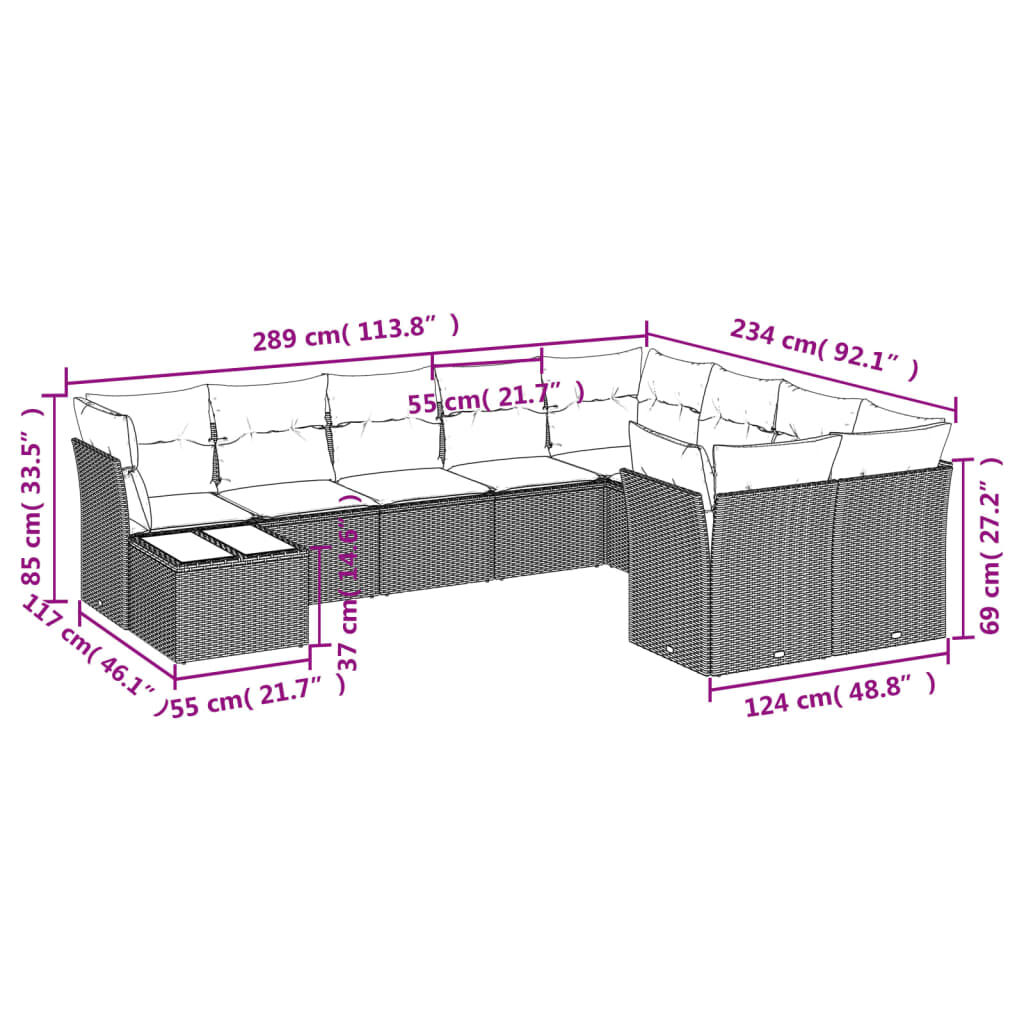 vidaXL 10 Piece Garden Sofa Set with Cushions Brown Poly Rattan