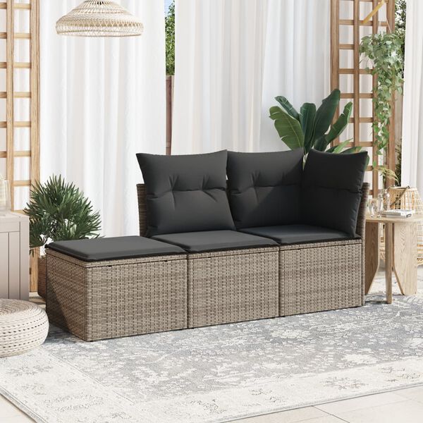 vidaXL 3 Piece Garden Sofa Set with Cushions Grey Poly Rattan