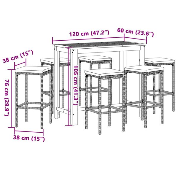 vidaXL 7 Piece Garden Bar Set Grey Solid Wood Acacia and Poly Rattan