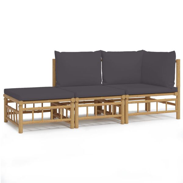 vidaXL 3 Piece Garden Lounge Set with Dark Grey Cushions Bamboo