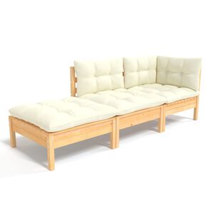 vidaXL 3 Piece Garden Lounge Set with Cream Cushions Solid Wood Pine