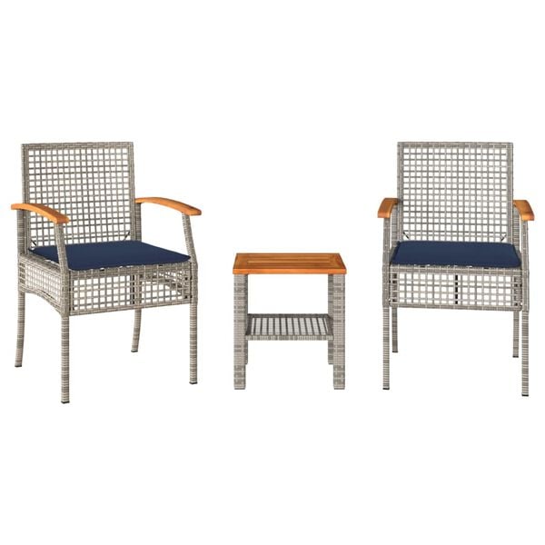 vidaXL 3 Piece Bistro Set with Cushions Grey Poly Rattan Acacia Wood