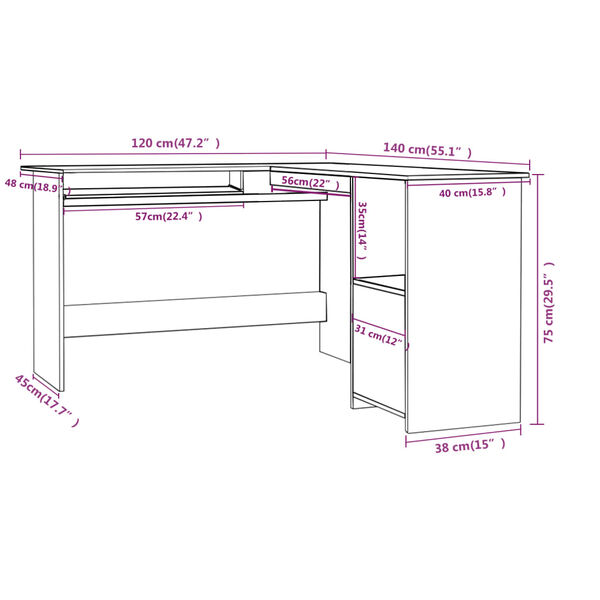 vidaXL L-Shaped Corner Desk Sonoma Oak 120x140x75 cm Engineered Wood