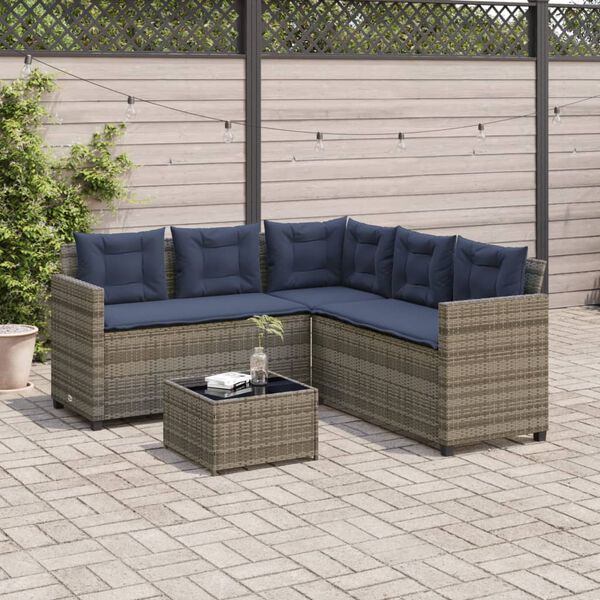 vidaXL Garden Sofa with Table and Cushions L-Shaped Grey Poly Rattan