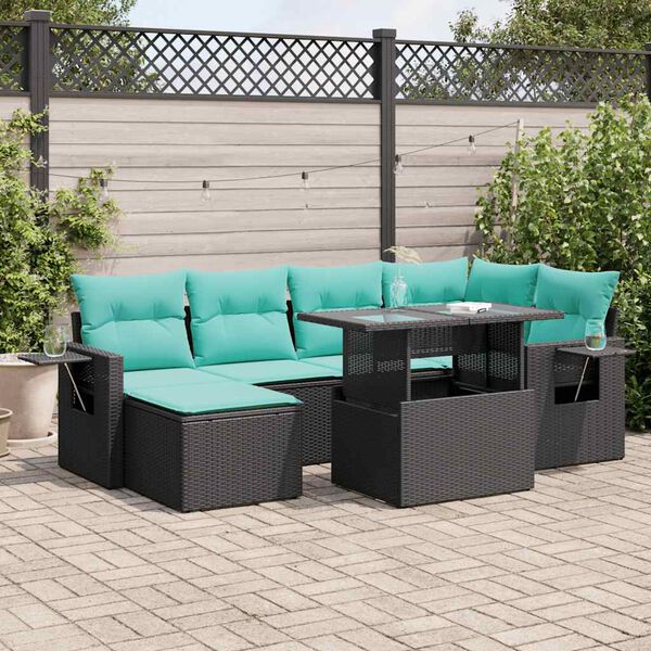 vidaXL 7 Piece Garden Sofa Set with Cushions Black Poly Rattan Acacia