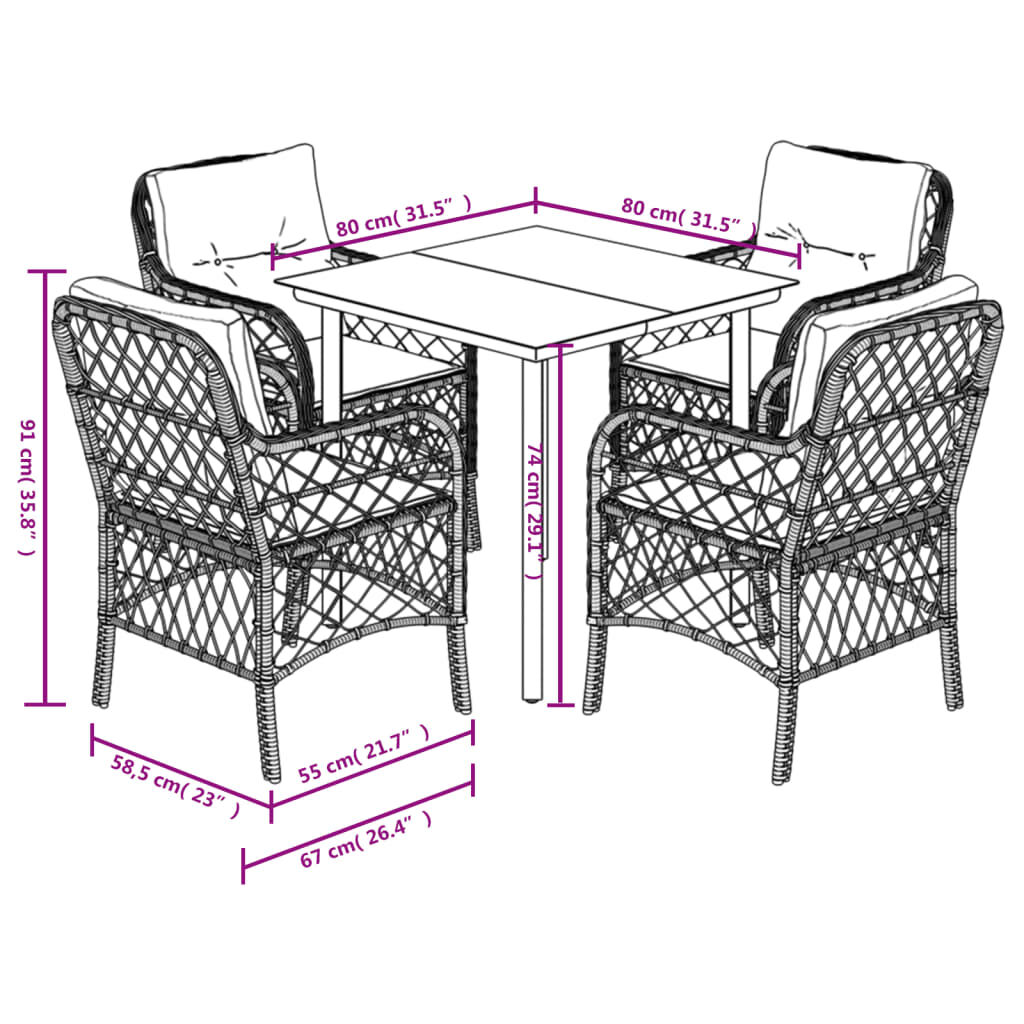 vidaXL 5 Piece Garden Dining Set with Cushions Brown Poly Rattan