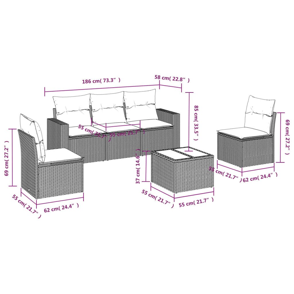 vidaXL 6 Piece Garden Sofa Set with Cushions Beige Poly Rattan
