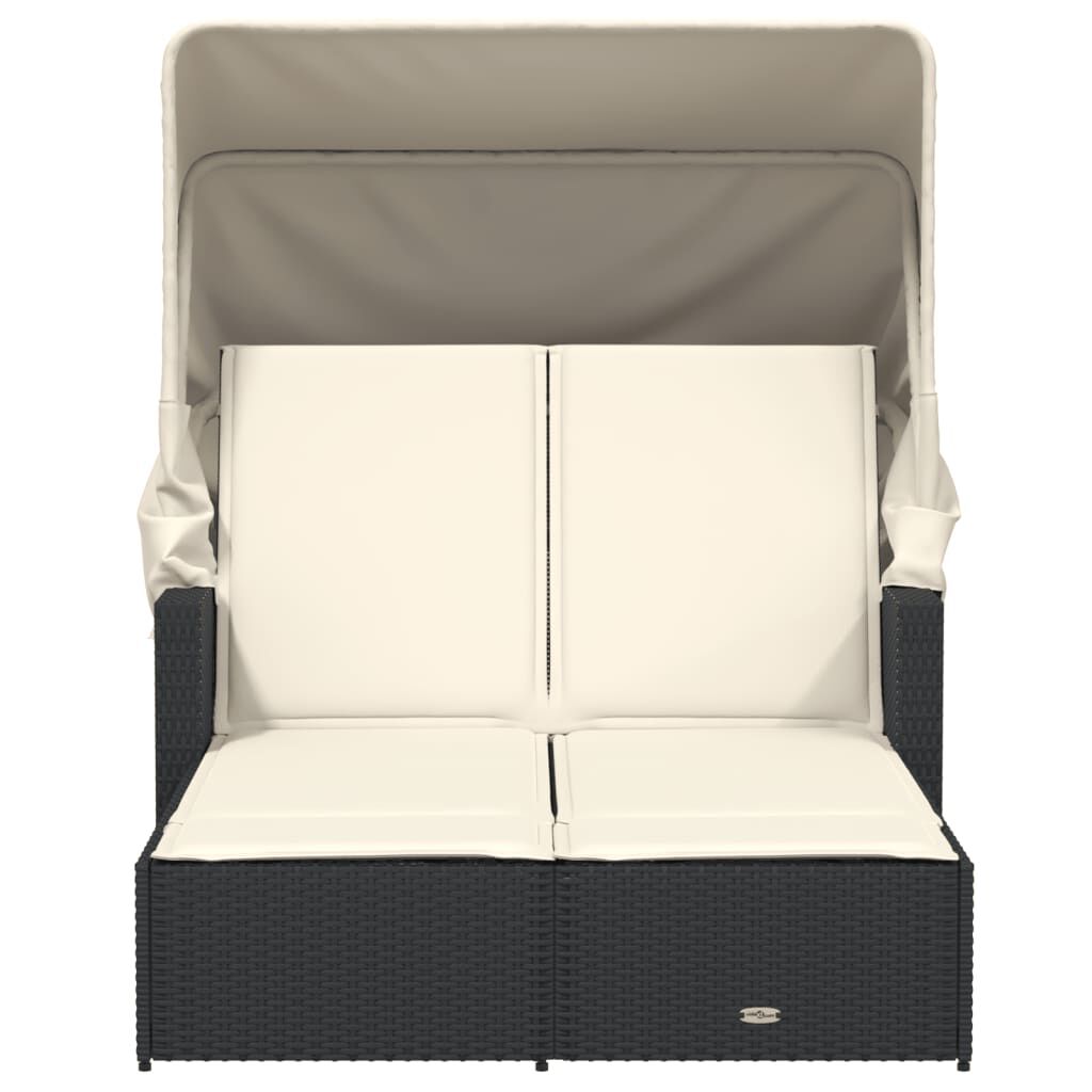 vidaXL Double Sun Lounger with Canopy and Cushions Black Poly Rattan
