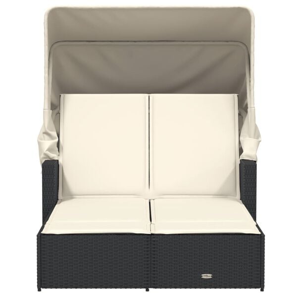 vidaXL Double Sun Lounger with Canopy and Cushions Black Poly Rattan